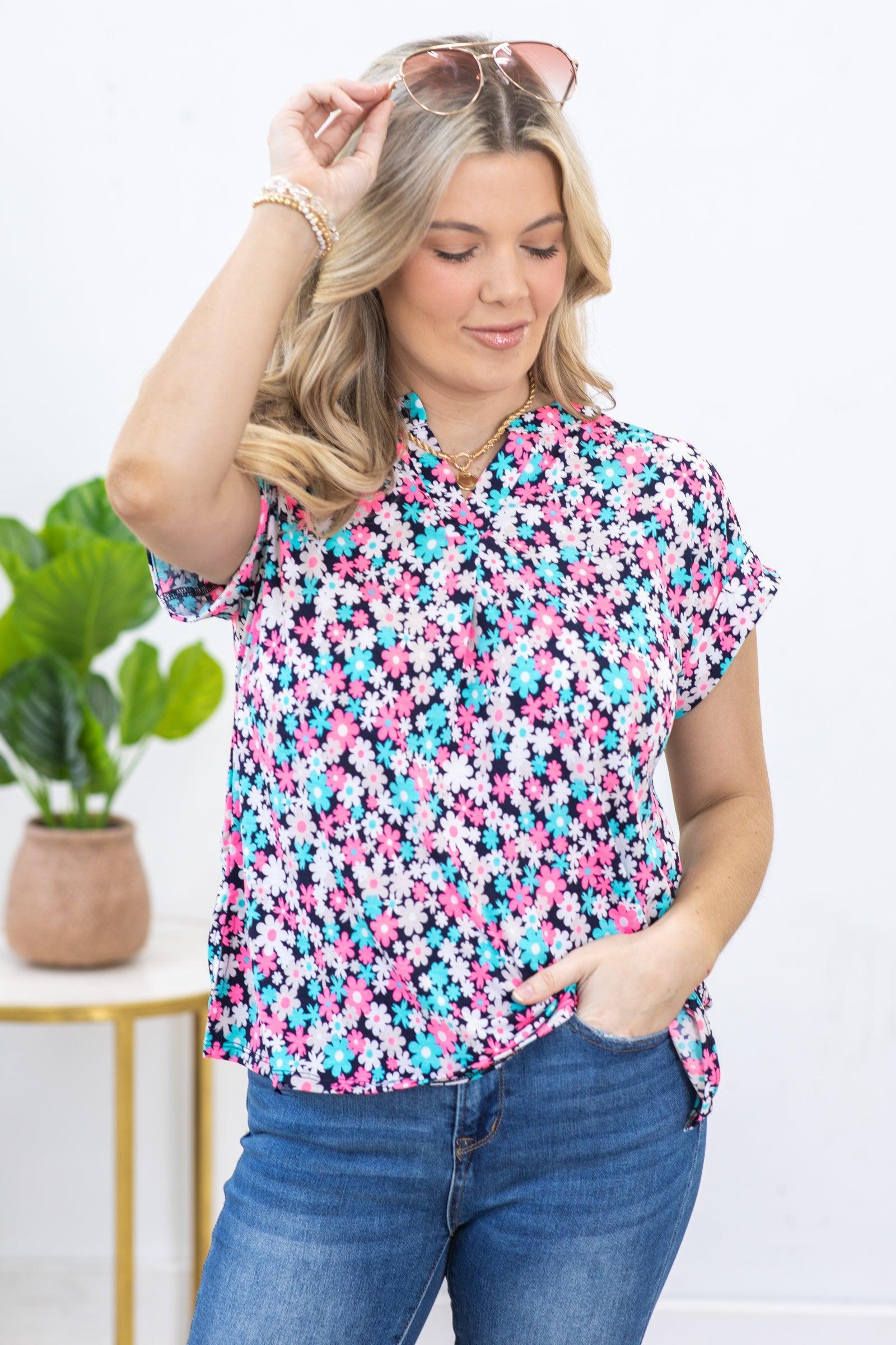 Navy Floral Wrinkle Free Lizzy Top Product Image