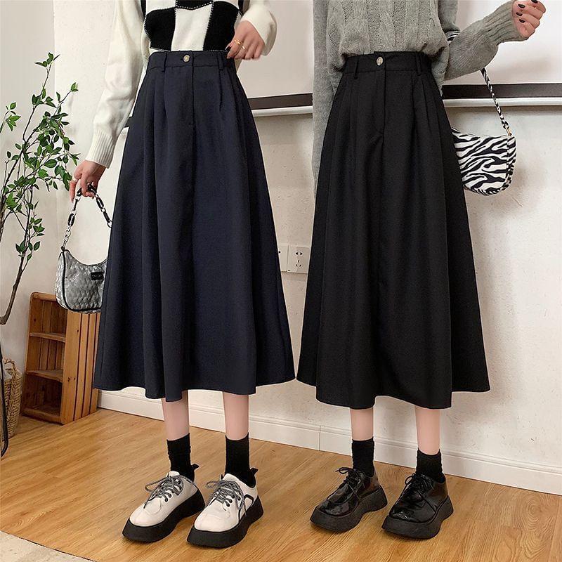 High Waist Plain Midi A-Line Skirt Product Image