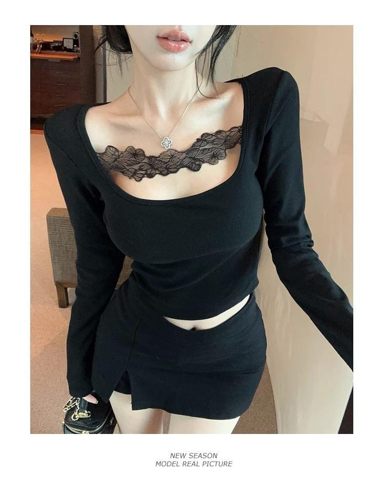 Long Sleeve Lace Panel Plain Slim-Fit Top Product Image