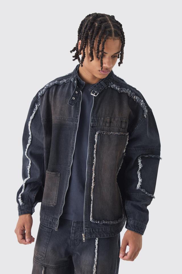 Oversized Dirty Wash Carpenter Denim Biker Jacket | boohooMAN USA Product Image