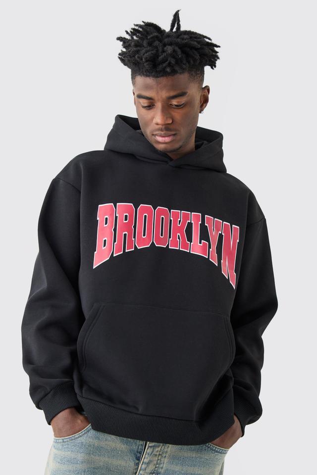 Mens Black Oversized Brooklyn Varsity Hoodie, Black Product Image