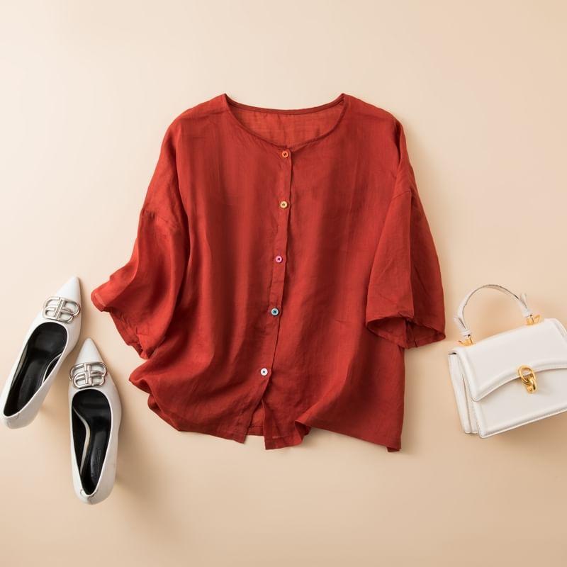 Short-Sleeve Plain Button-Up Blouse Product Image