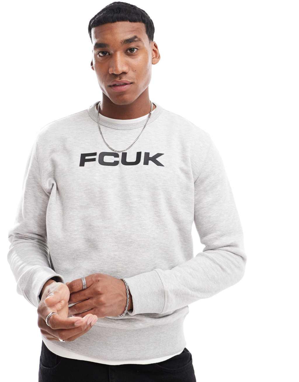 FCUK chest logo crew sweatshirt in light gray melange Product Image