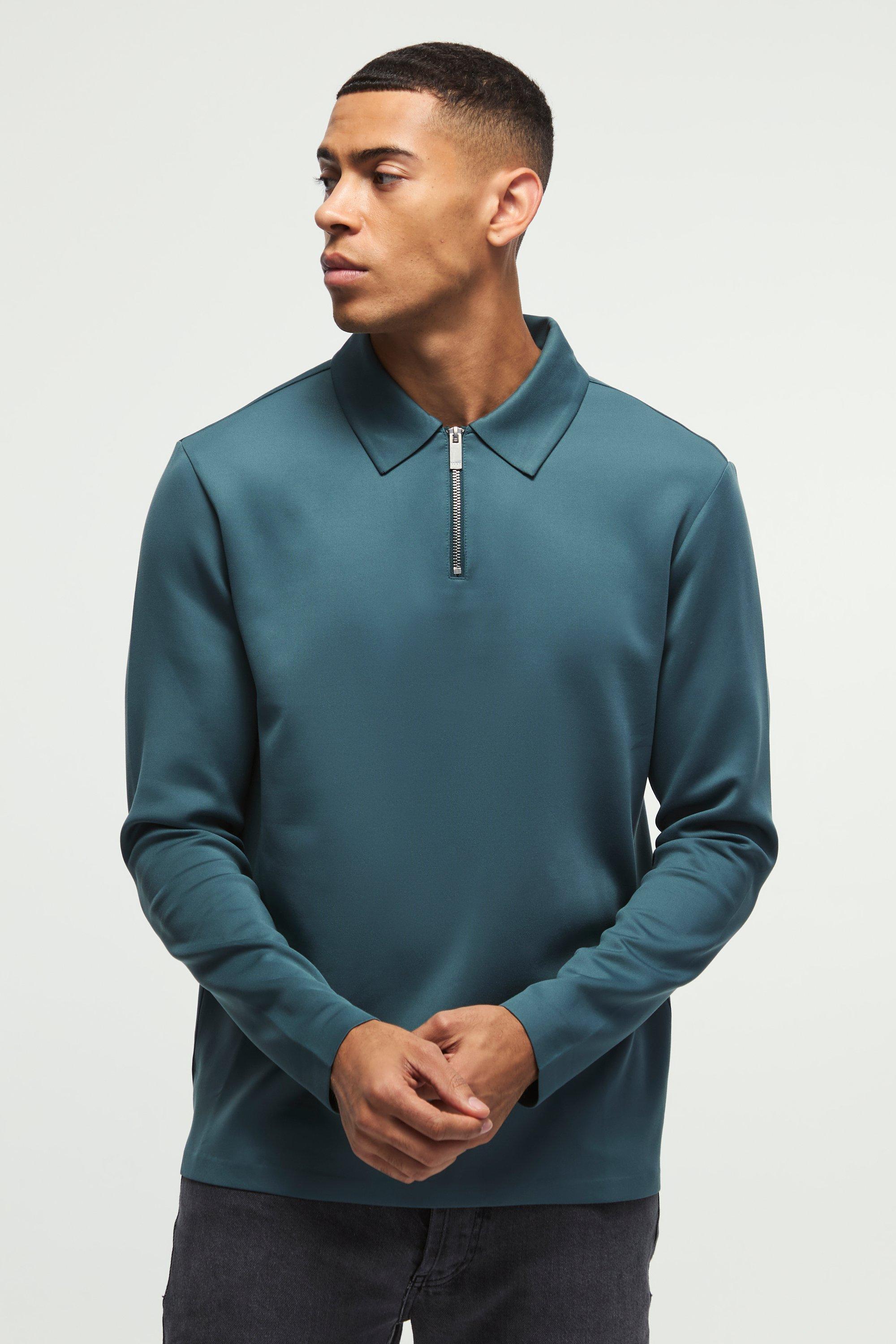 Regular Fit Long Sleeve Zip Premium Scuba Polo | boohooMAN USA Product Image