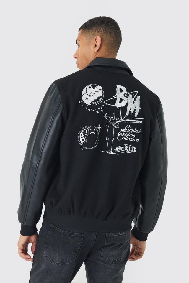 Astro Badge Collared Varsity Jacket In Black | boohooMAN USA Product Image