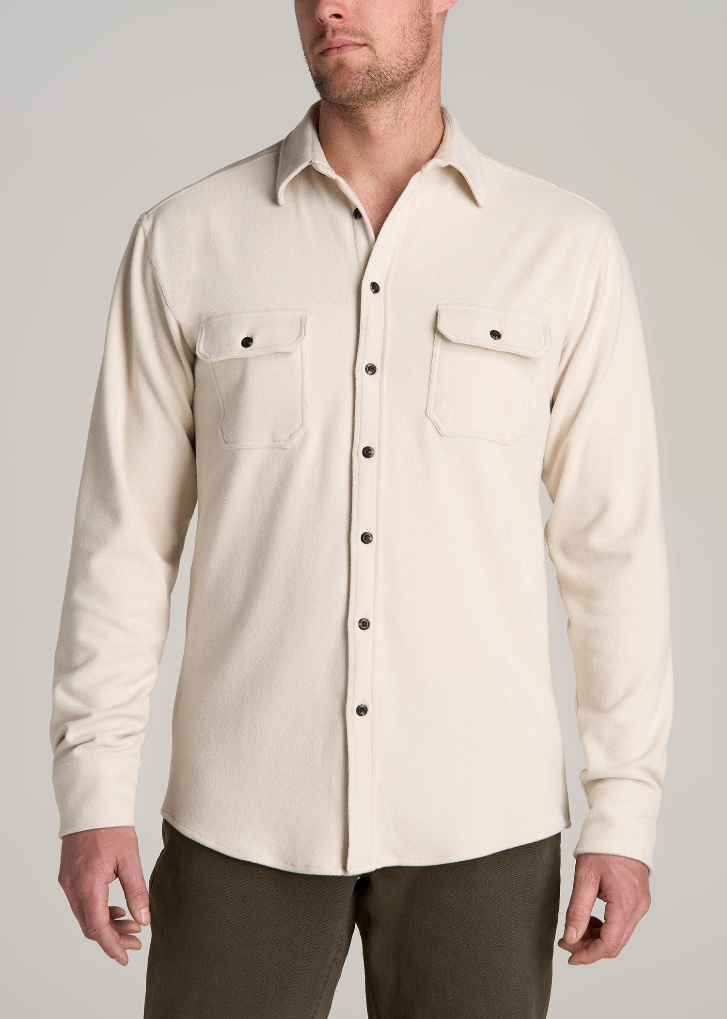 Stretch Flannel Button Tall Men's Shirt in Soft Beige Male Product Image