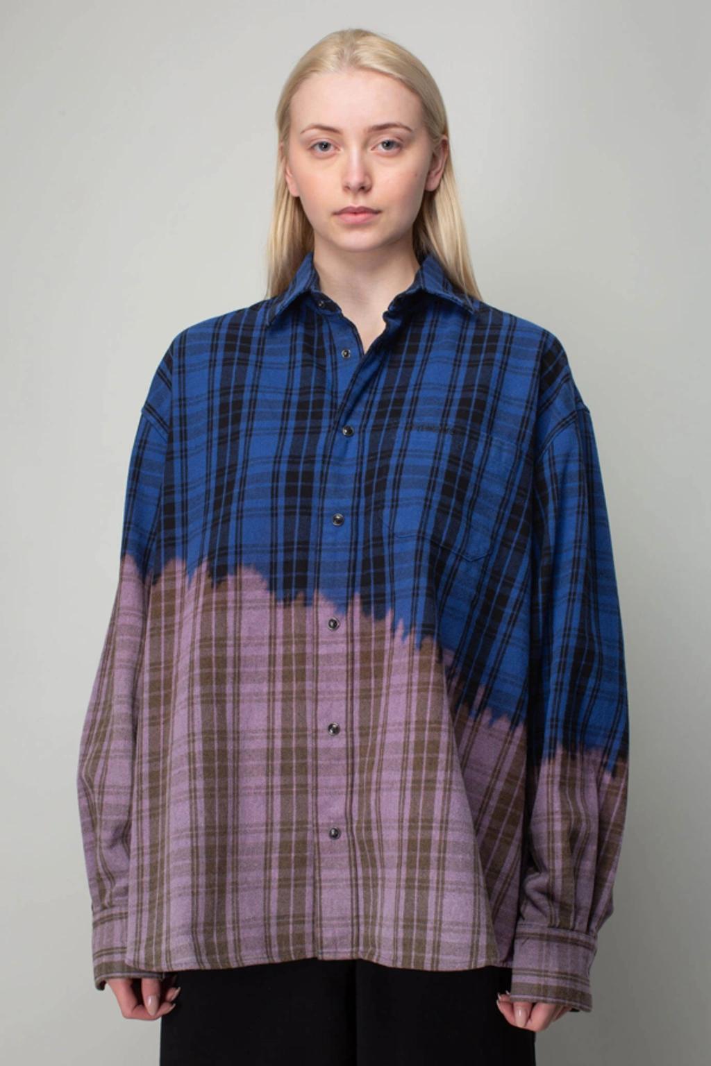 Bleached Checked Cotton-blend Flannel Shirt In Blue Product Image