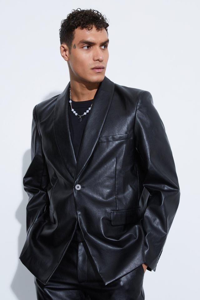 Oversized Shawl Collar Pu Blazer | boohooMAN USA Product Image