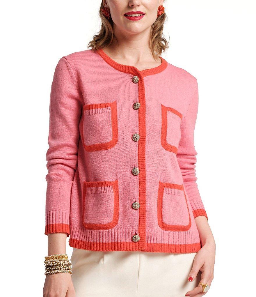 FRANCES VALENTINE Pierre Merino Wool Colorblock Symmetrical Pocket Button Front Cardigan Product Image