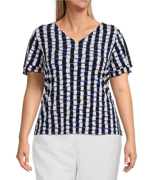 Calvin Klein Plus Size Knit Geometric Print V-Neck Short Double Tier Sleeve Top Product Image