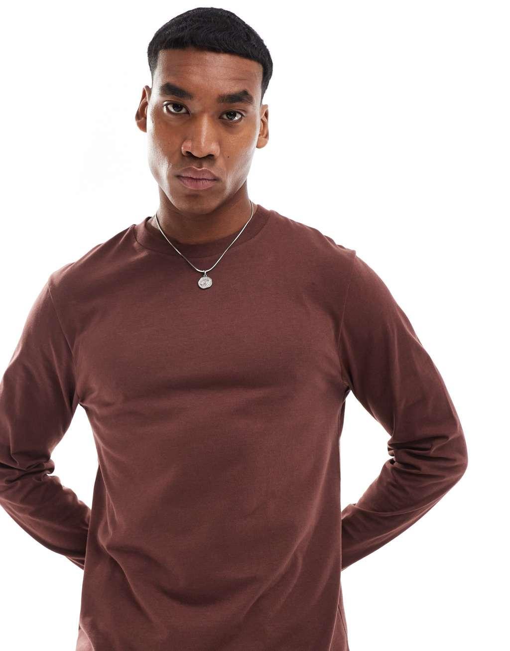 ASOS DESIGN essential long sleeve crew neck T-shirt in brown Product Image