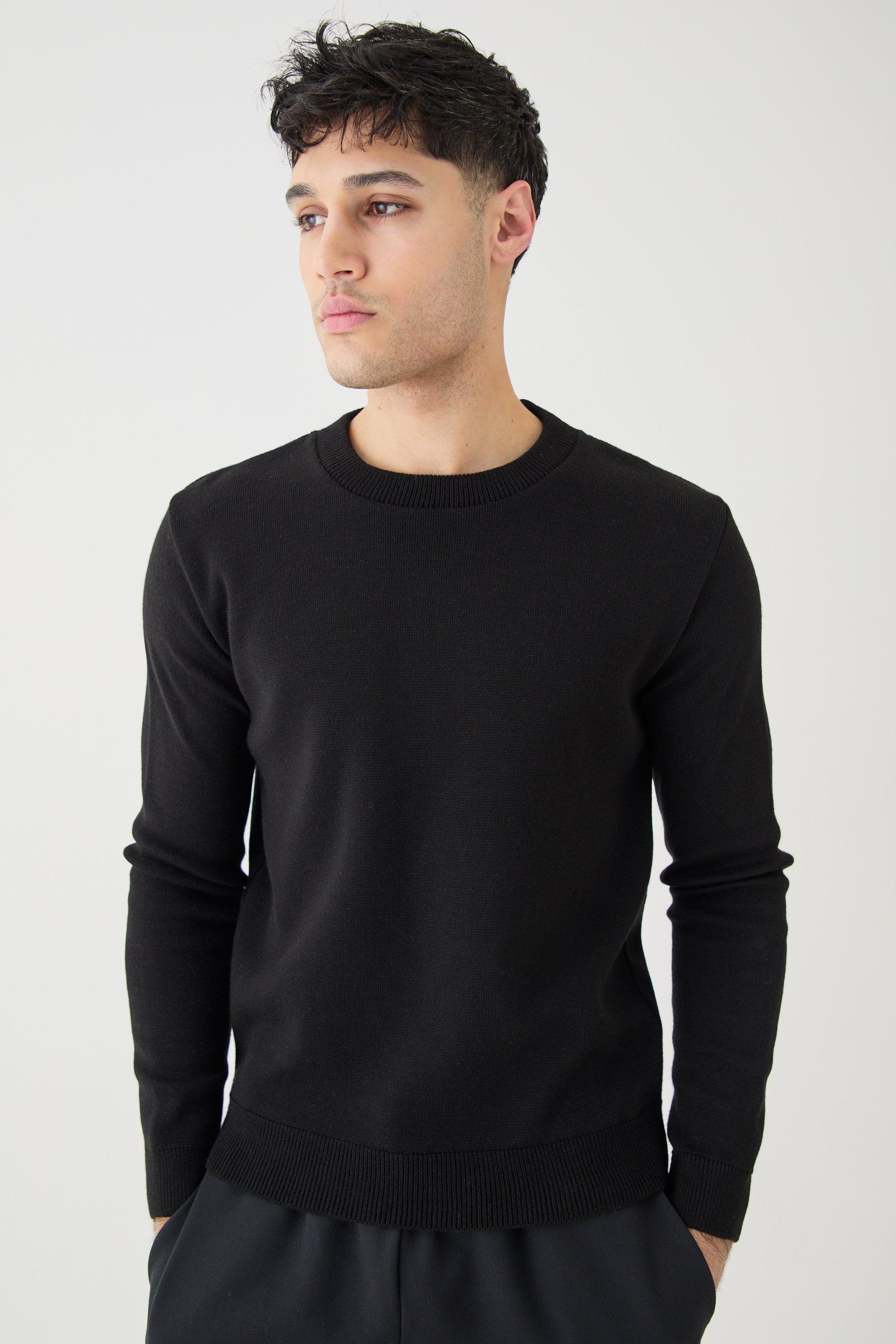 Mens Black Regular Fit Crew Neck Knitted Jumper, Black Product Image