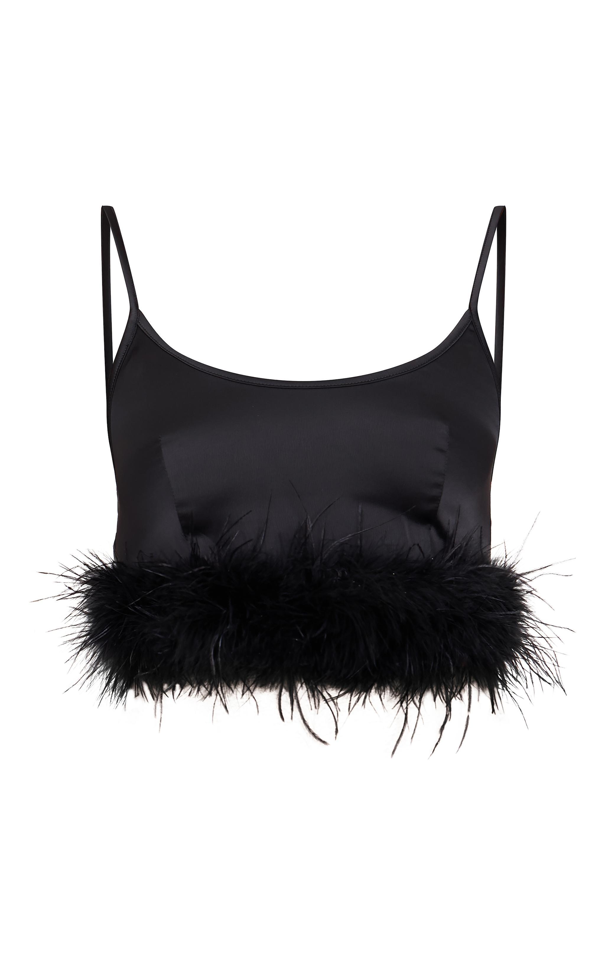 Black Textured Satin Feather Trim Strappy Top Product Image