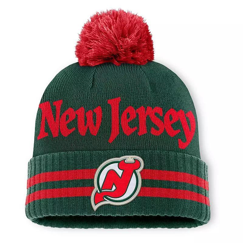 Mens Fanatics Green New Jersey Devils Heritage Blind Side Cuffed Knit Hat with Pom Product Image