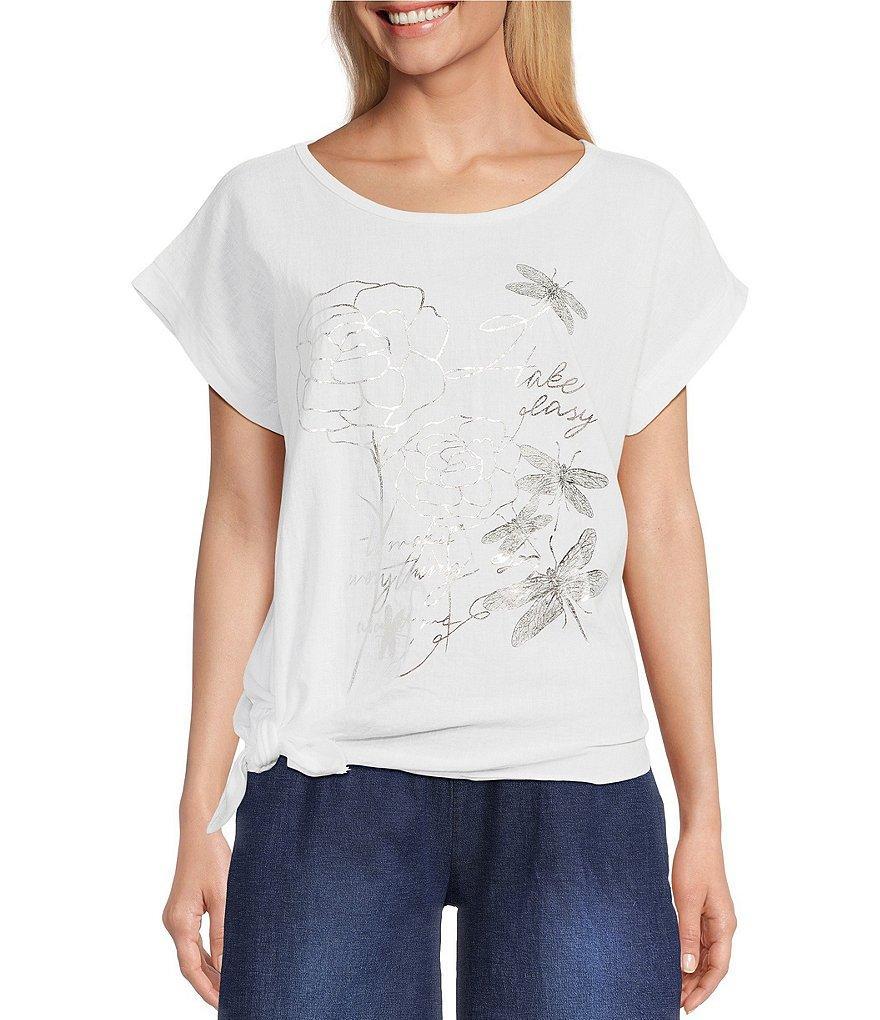 M Made in Italy Short Sleeve Asymmetric Hem Foil Print Linen Blend Top Product Image