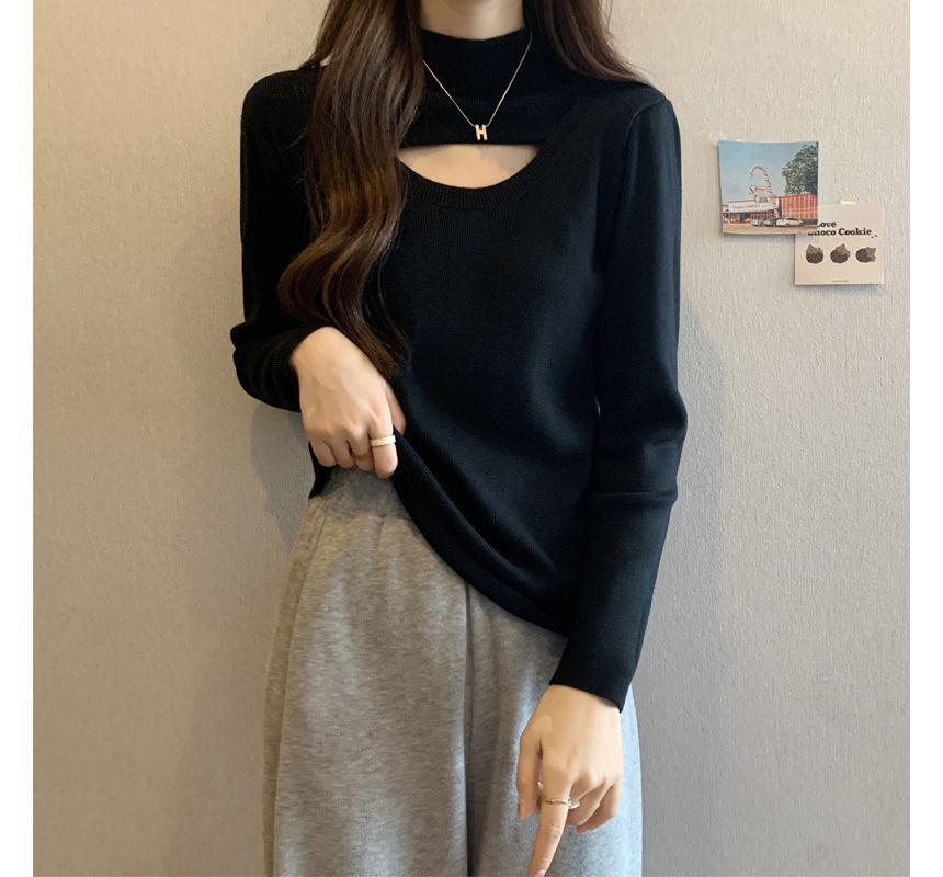 Long-Sleeve Mock Neck Cutout Knit Top Product Image