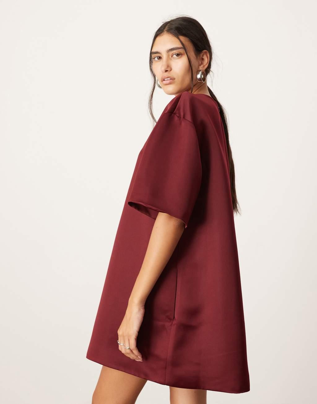 ASOS EDITION satin structured boxy T-shirt mini dress with pockets in burgundy Product Image