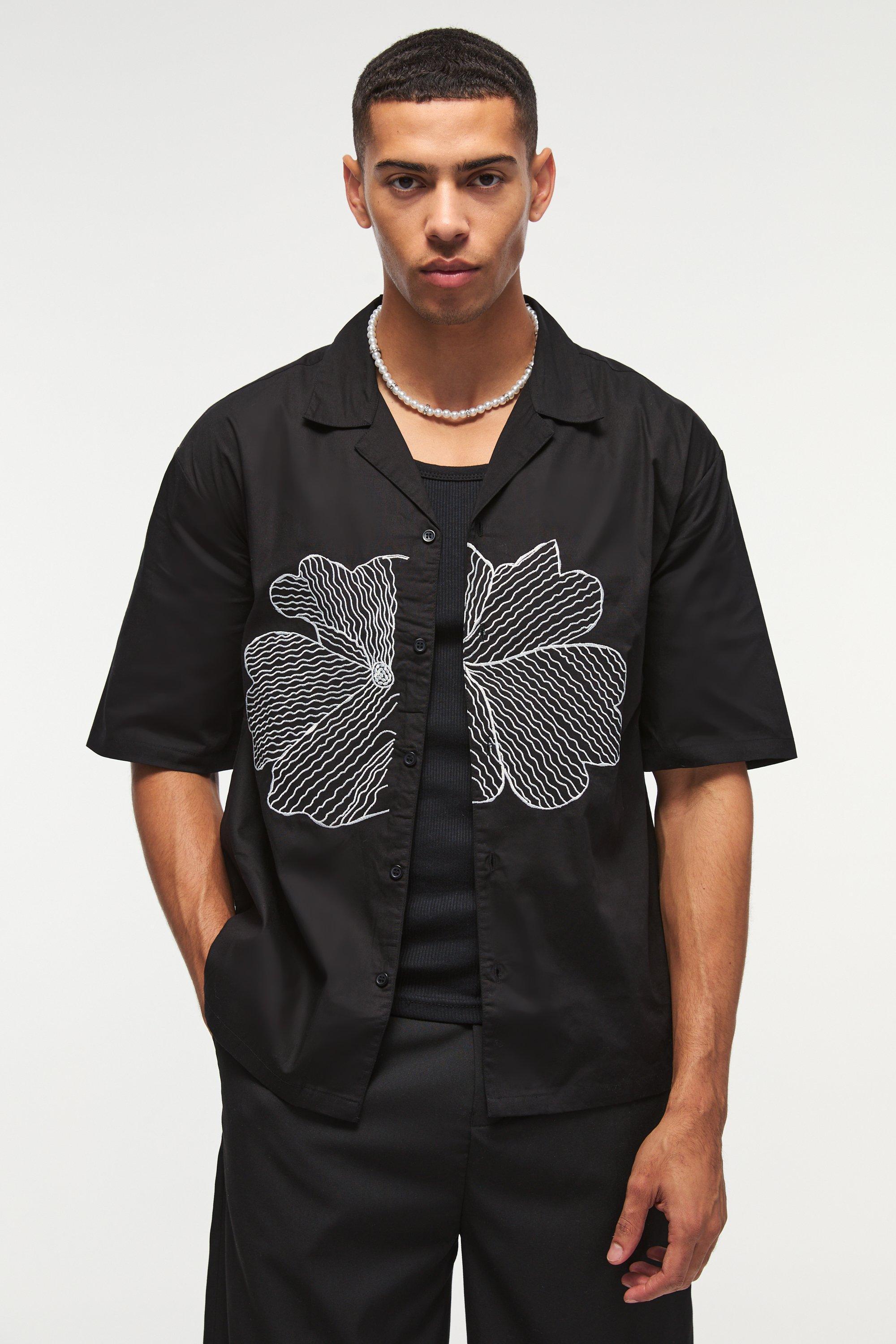 Oversized Revere Floral Embroidered Shirt | boohooMAN USA Product Image