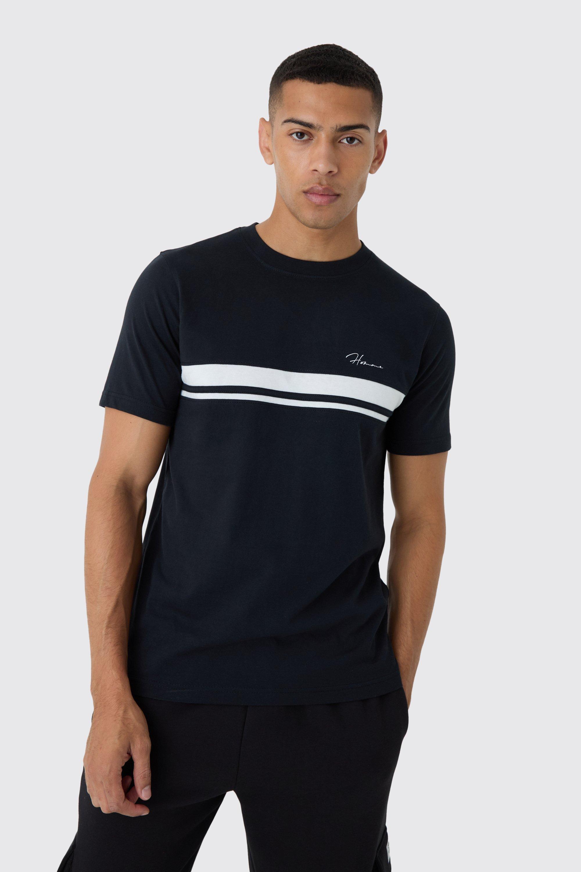 Mens Navy Slim Homme Script Colour Block T-shirt, Navy Product Image