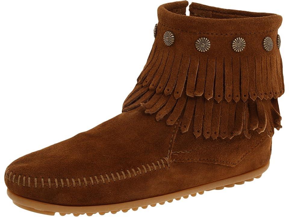 Minnetonka Double Fringe Side Zip Boot (Dusty Suede) Women's Zip Boots Product Image