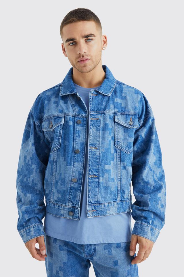 Boxy Fit Camo Laser Print Denim Jacket | boohooMAN USA Product Image