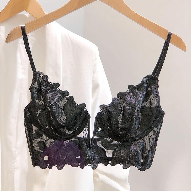 Floral Embroidered Mesh Bra / Thong / Set Product Image