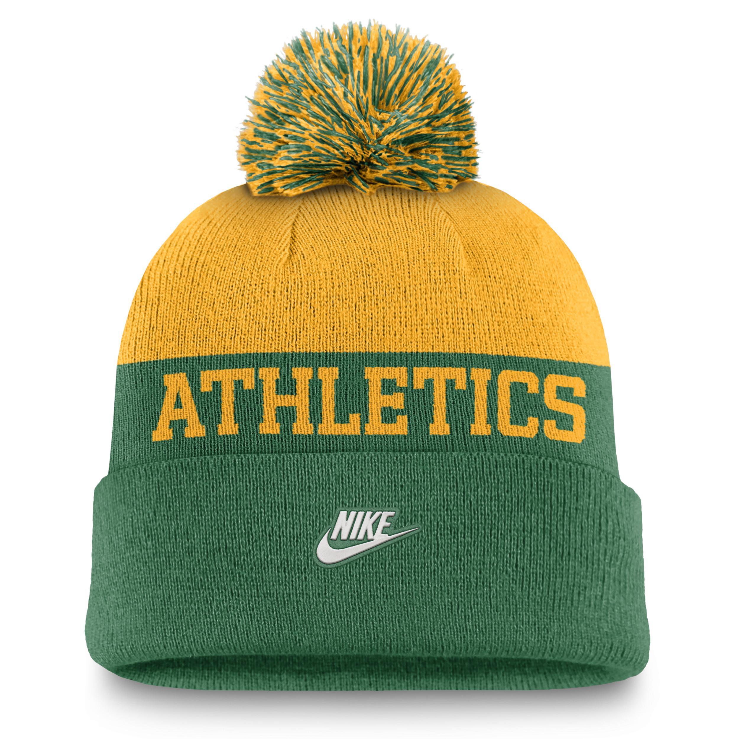 Mens Nike Oakland Athletics Rewind Peak Cuffed Knit Hat with Pom Product Image