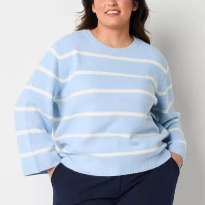 Worthington Plus Womens Crew Neck Long Sleeve Striped Pullover Sweater Product Image