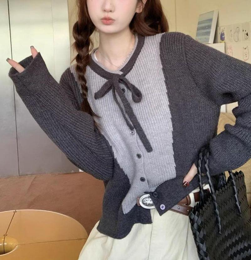 Crew Neck Two Tone Bow Accent Button-Up Cardigan Product Image