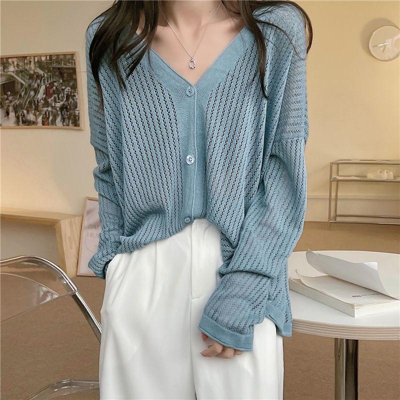 V-Neck Button-Up Plain Cardigan Product Image