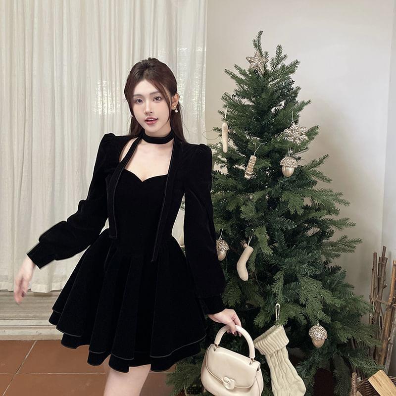 Set: Long-Sleeve Plain Velvet Mini A-Line Dress +  Scarf Product Image