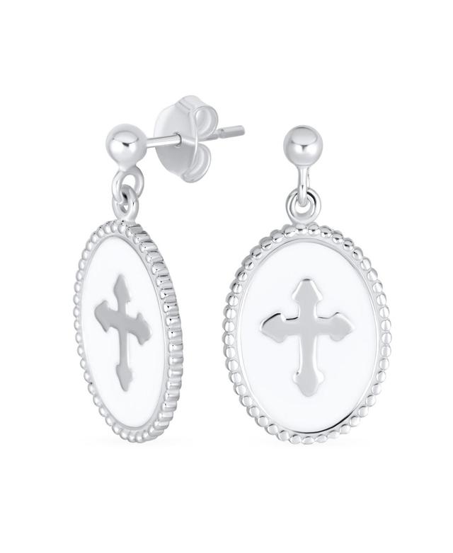 Bling Jewelry Christian Religious Spiritual White Enamel Oval Fleur De Lis Dangle Cross Earrings For Women Sterling Silver Product Image