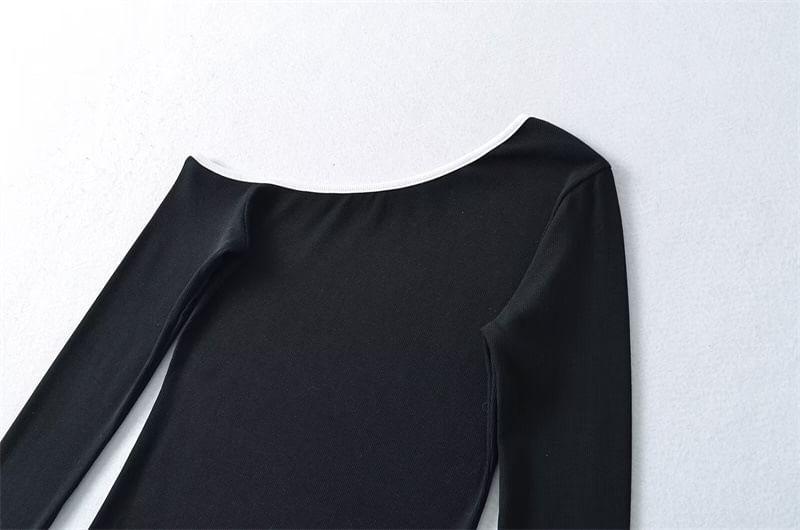 Long Sleeve One Shoulder Contrast Trim Top Product Image