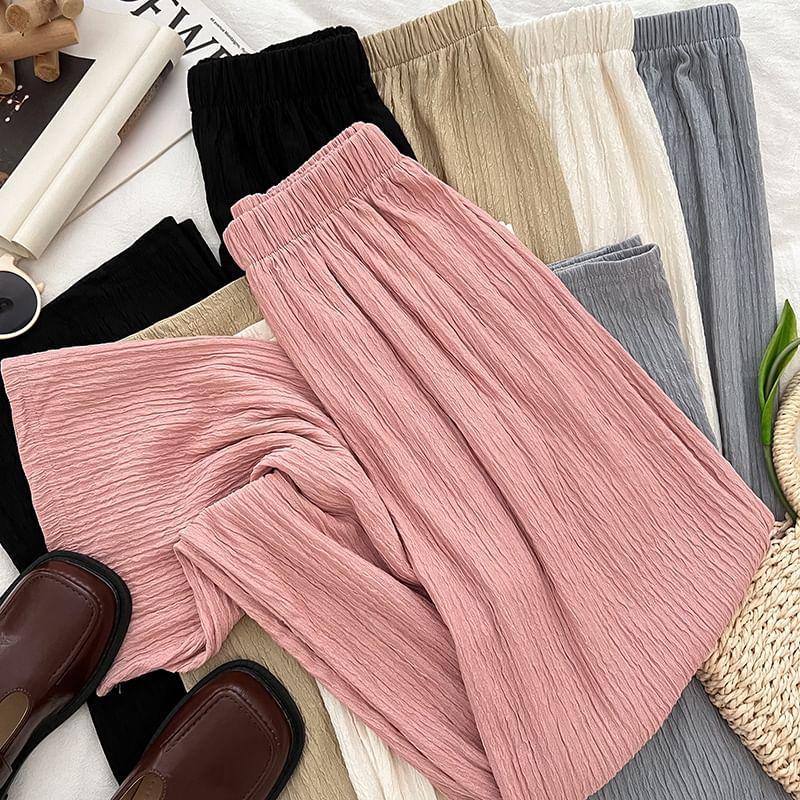 Set: Long-Sleeve Cold Shoulder Plain Top + Elastic Waist Plain Wide Leg Pants Product Image