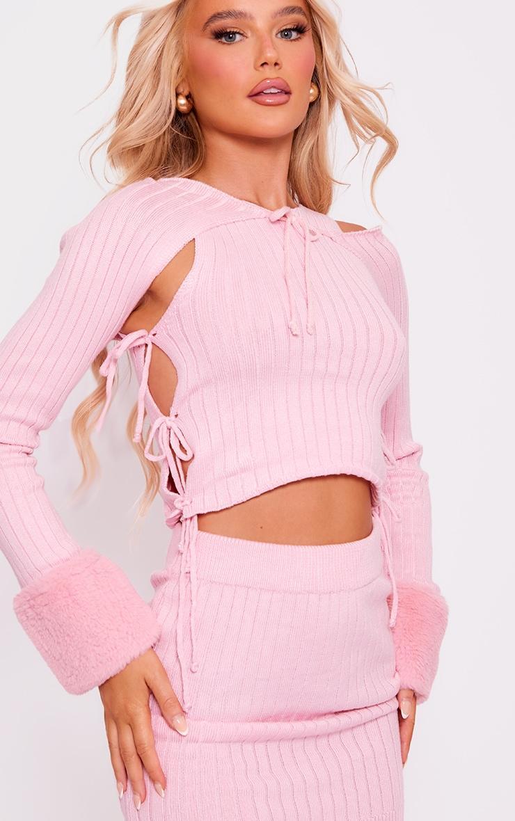 Pink Knit Lace Up Crop Top & Mini Skirt & Faux Fur Sleeves Product Image