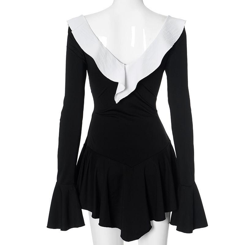 Long-Sleeve V-Neck Two Tone Ruffle Mini A-Line Dress Product Image