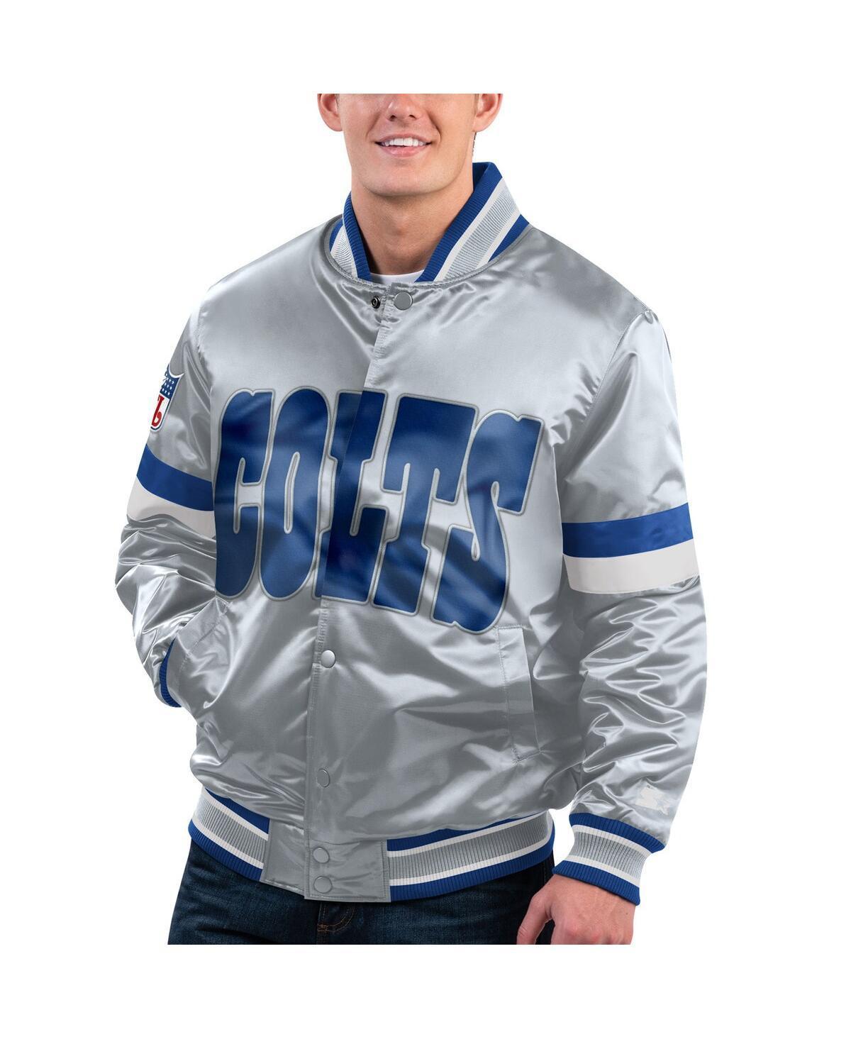 Mens Starter Gray Distressed Indianapolis Colts Gridiron Classics Home Game Satin Full-Snap Varsity Jacket Product Image