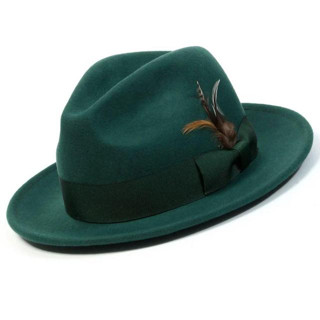 Wool Felt Fedora Pinch Front with Feather Accent in Emerald Product Image