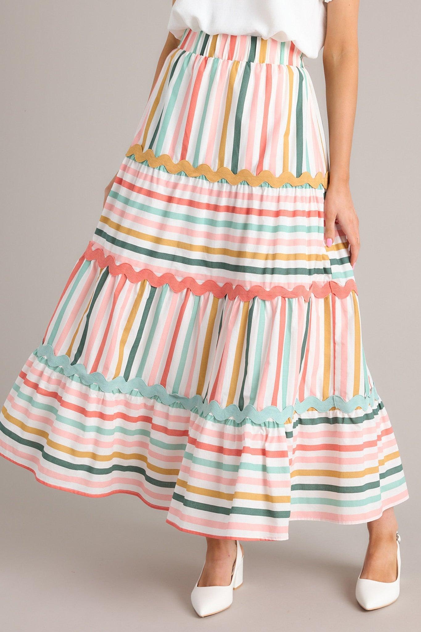 Meet For Tea Sage Multi Stripe Cotton Maxi Skirt Product Image