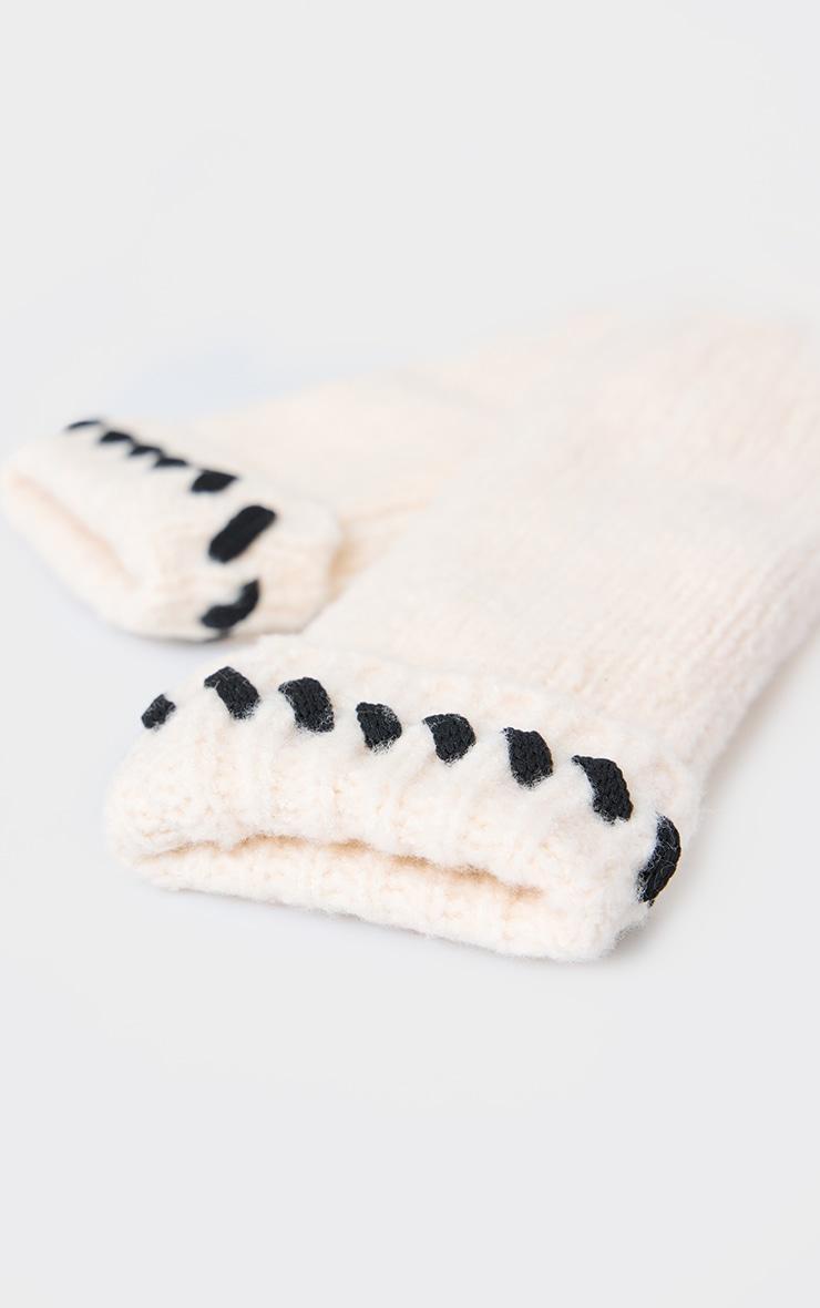 Cream Contrast Stitch Knit Mittens Product Image