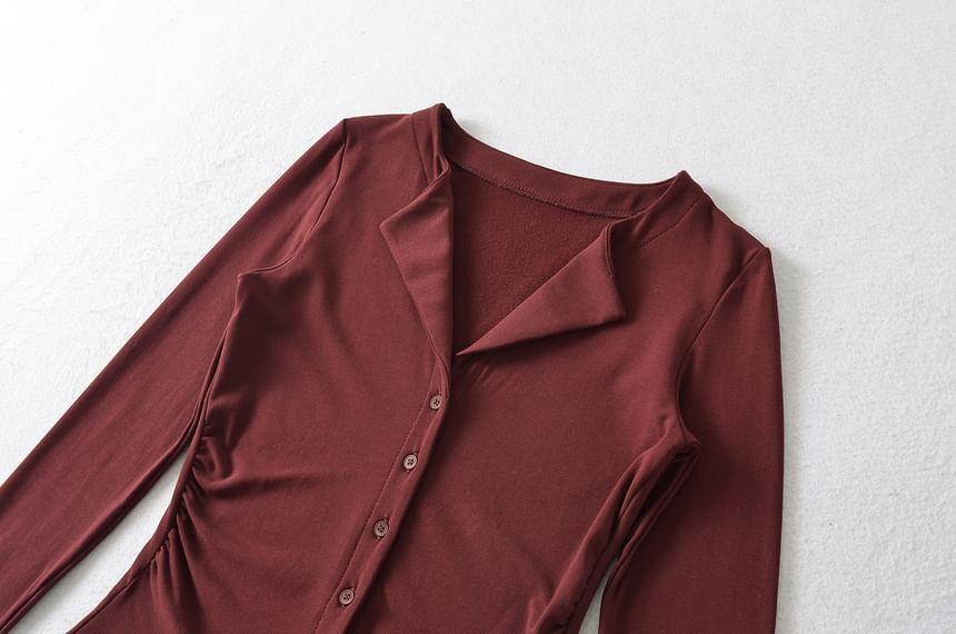 Long Sleeve Open Placket Ruched Button Top Product Image