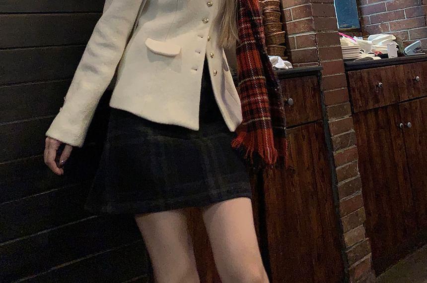 Plain Single-Breasted Jacket / High Rise Plaid Mini H-Line Skirt Product Image