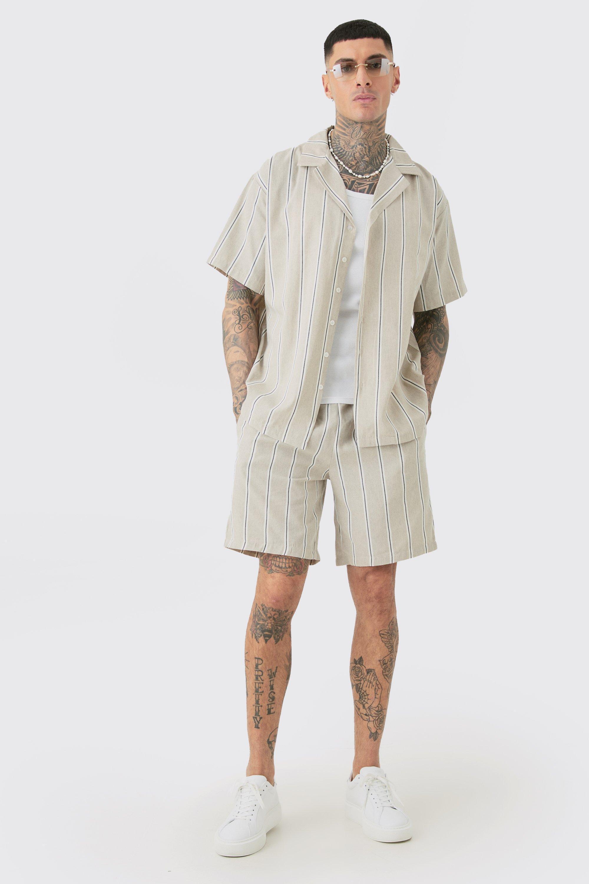 Tall Stripe Linen Revere Collar Shirt & Short Set | boohooMAN USA Product Image