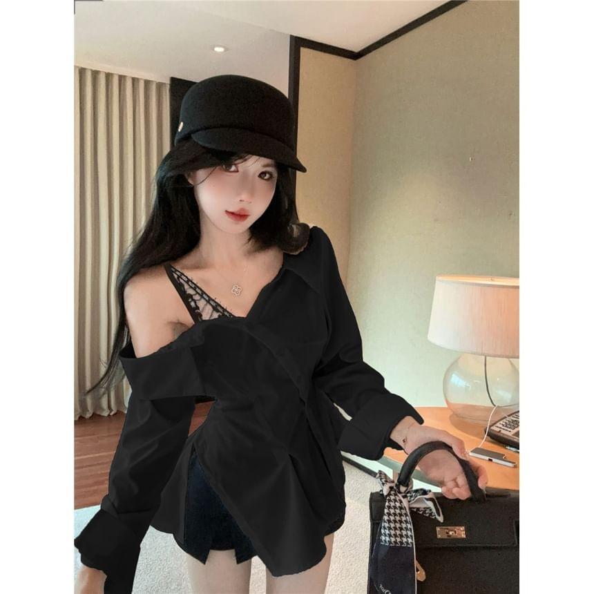 Cold Shoulder Long Sleeve Lace Trim Ruffle Hem Shirt Product Image