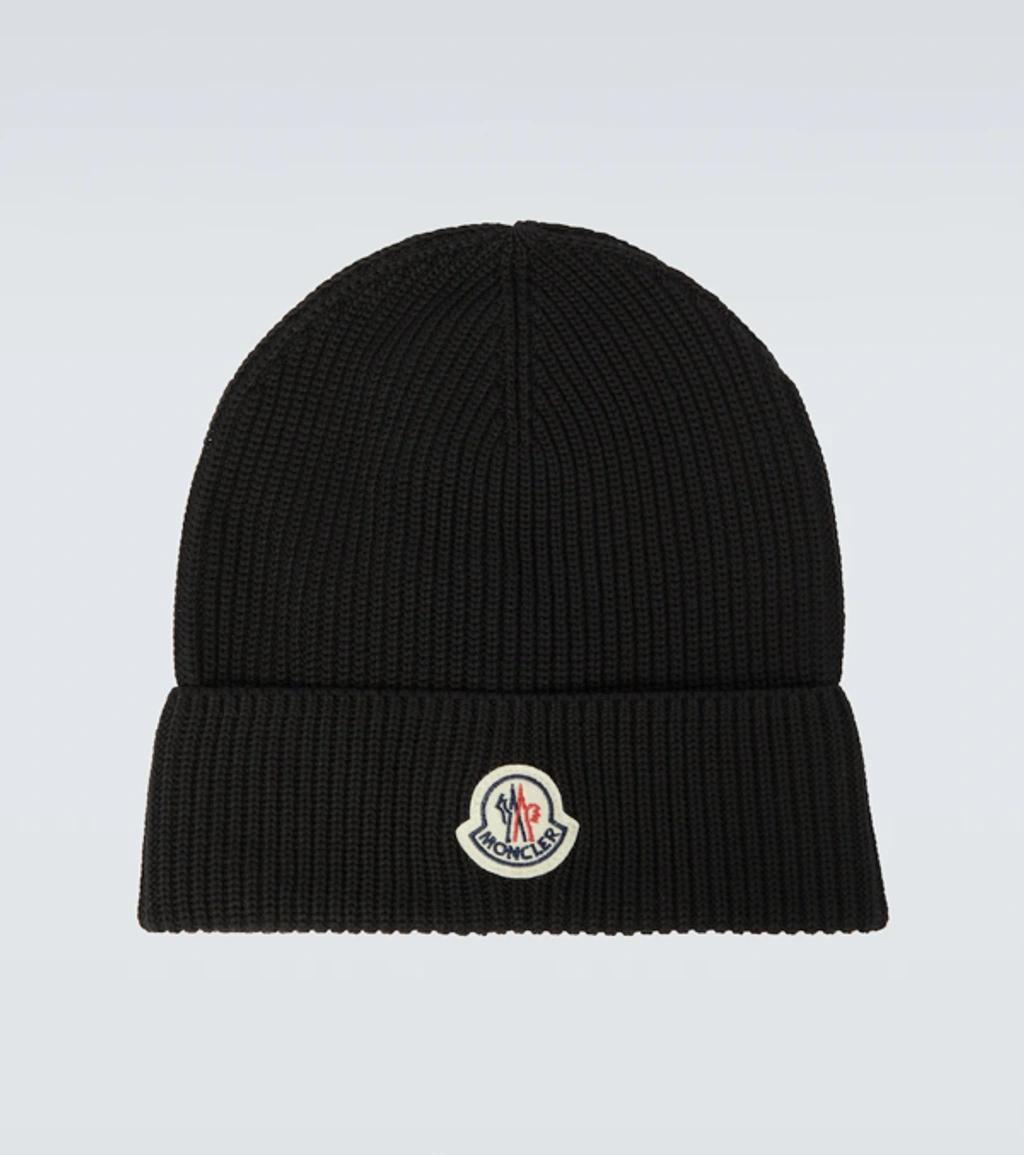 Black Logo Ribbed Knit Beanie Hat Product Image