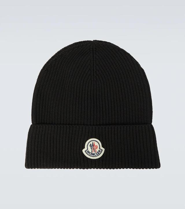 Black Logo Ribbed Knit Beanie Hat Product Image