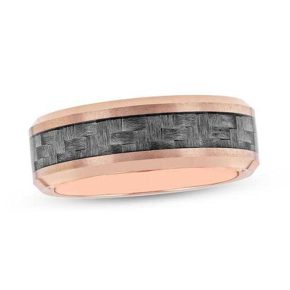 Men's 8.0mm Beveled Edge Wedding Band in Tungsten with Rose IP and Grey Woven Carbon fiber Inlay Product Image