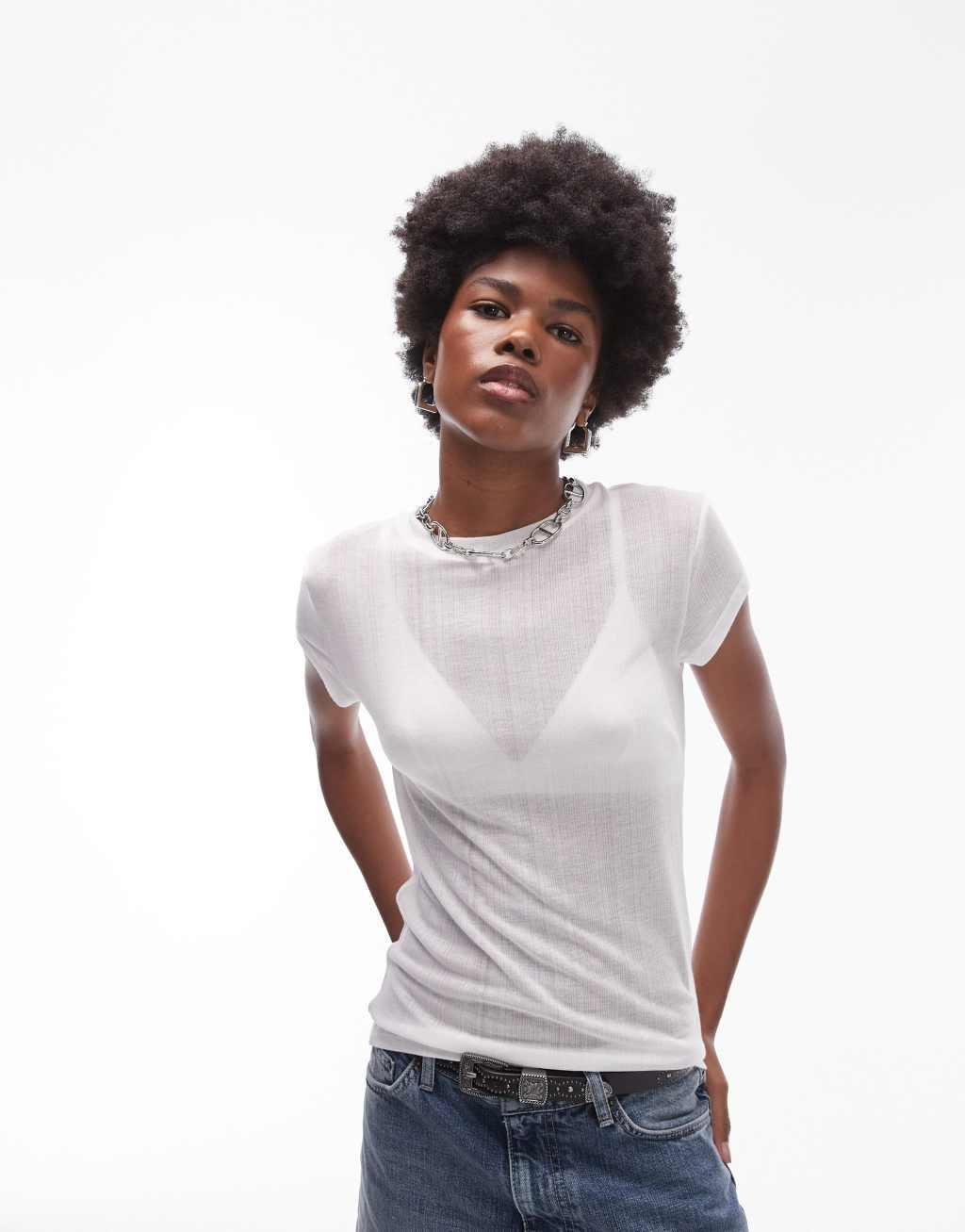 Topshop premium ribbed sheer longline tee in white Product Image