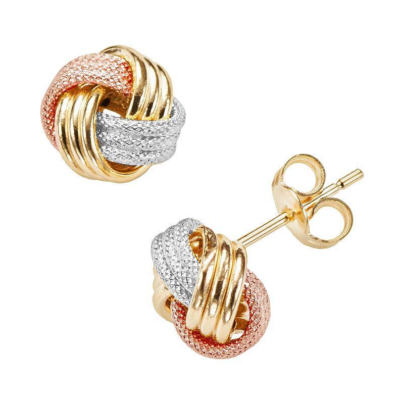 14k Gold Tri-Tone Textured Love Knot Stud Earrings, Womens, Multicolor Product Image