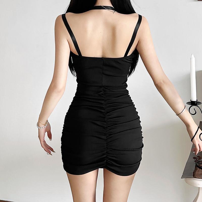 Spaghetti Strap Plain Lace Trim Mini Bodycon Dress Product Image